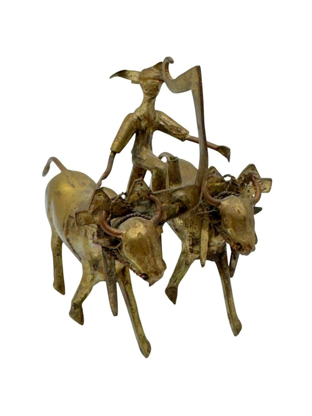 Brass Farmer Cart Oxen Sculpture 6.5" Rustic Handmade Folk Art Decor Vtg